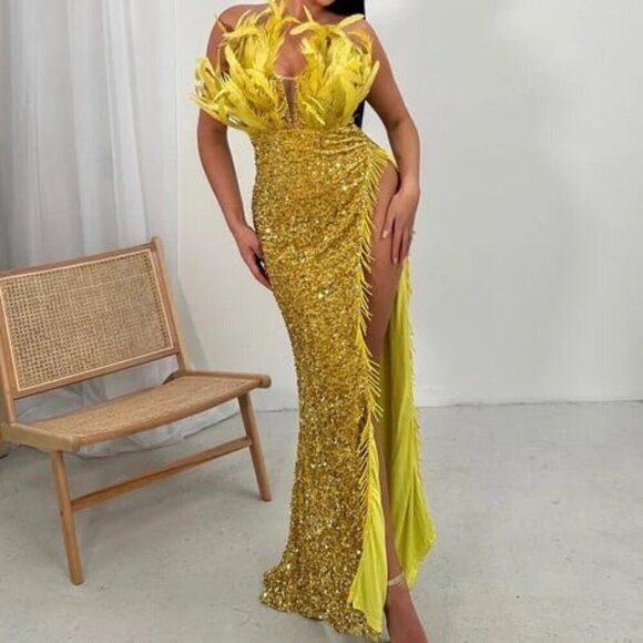 NWT Fashion Nova Luxe feather trim strapless sequin square neck maxi gown - Picture 1 of 10